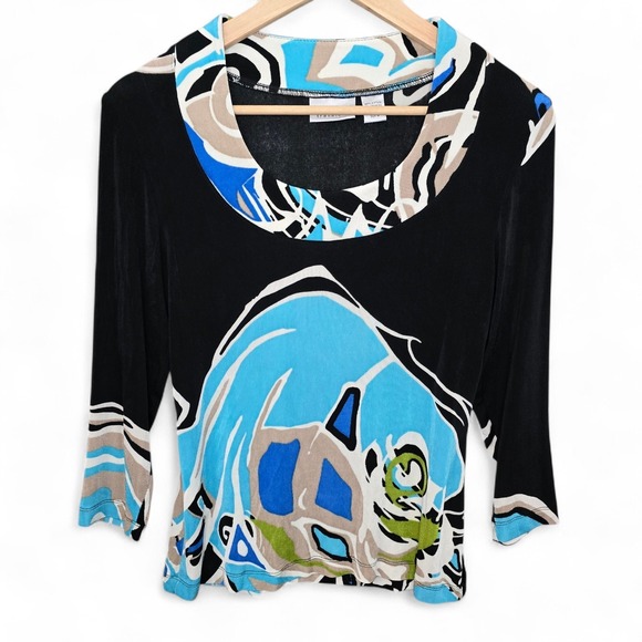 Chico's Tops - Chicos Travelers Top Womens 0 US Small Black Blue Slinky Scoop Neck Blouse